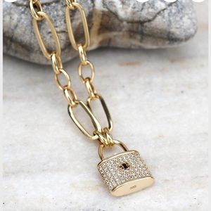 14K Gold Padlock Pendant w/ Paperclip Chain